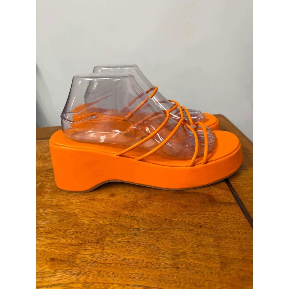 Billini Women's 10 Harris Orange Strappy Platform Sandals Chunky Wedge Slides